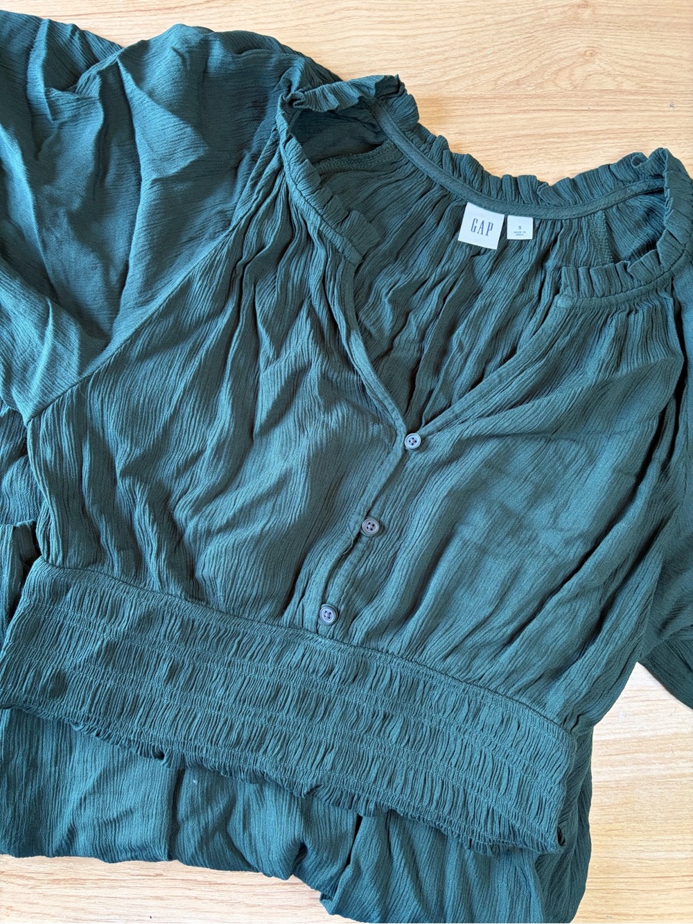 GAP Dark Forest Green Smocked Crinkle Gauze Midi Dress with Pockets - Size Small